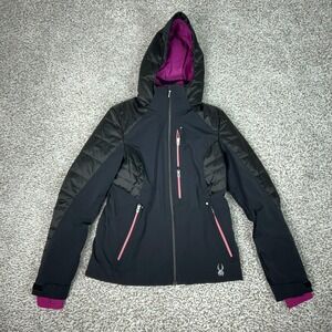 Spyder Jacket Womens 4 Black Hooded Ski Snowboard Softshell Puffer Insulated